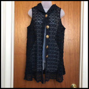 Fabulous Boho Sun Buttons Black Lace Hooded Cover Up Vest Size L